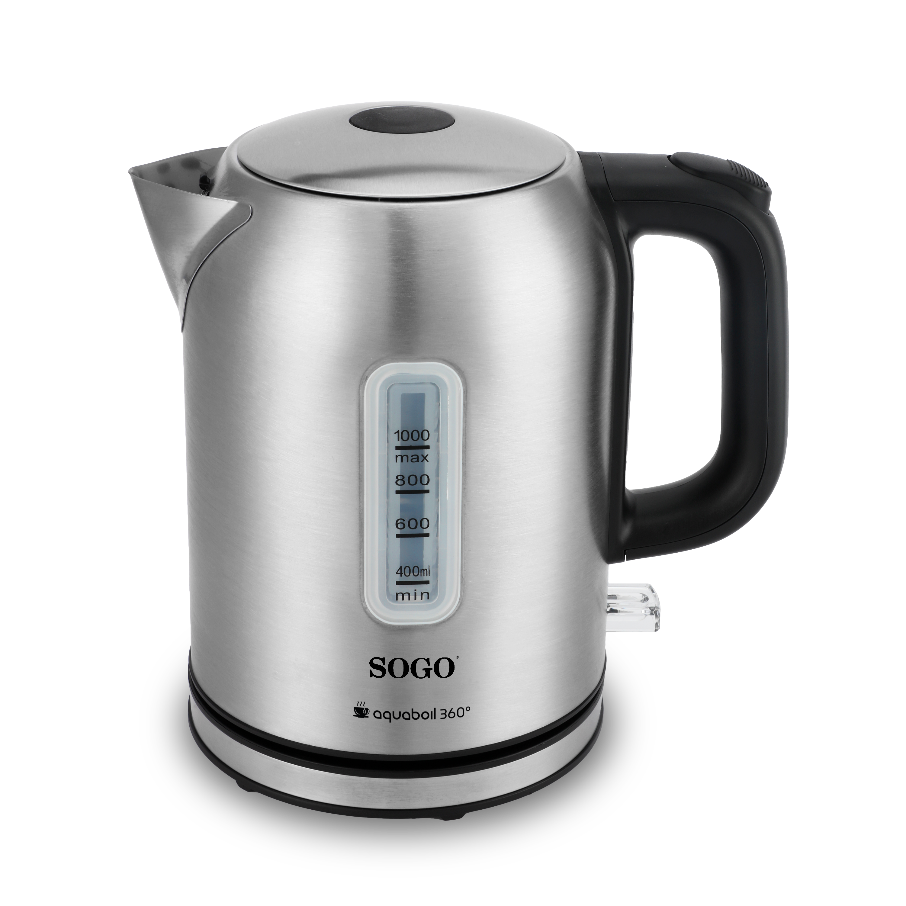 Un bollitore elettrico argentato con indicatore del livello dell'acqua e manico nero.