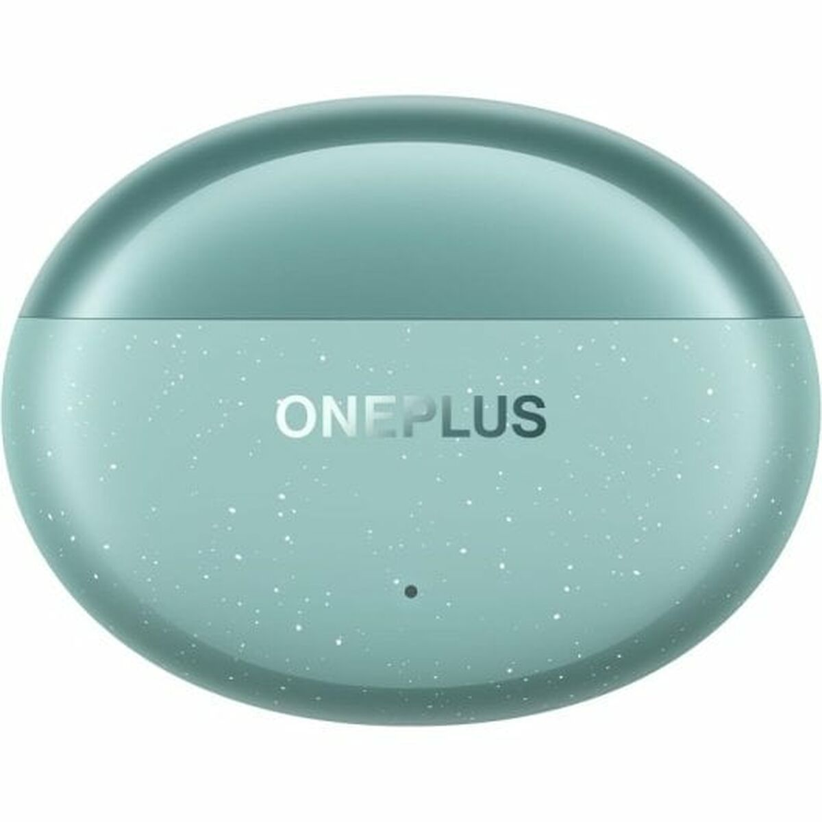 Ein teal-farbenes OnePlus-Kopfhörer-Ladecase mit weißem Sprenkelmuster.