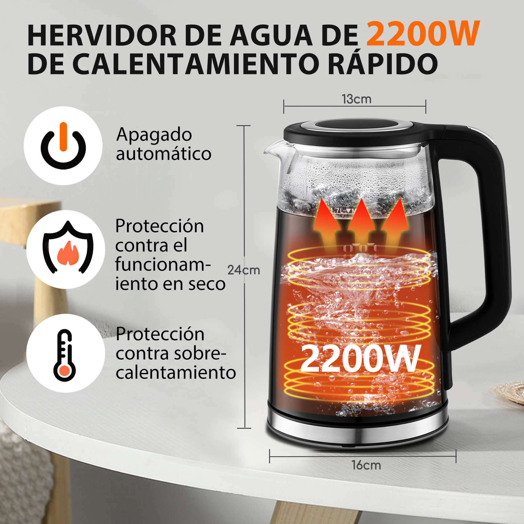 Una tetera eléctrica de vidrio con medidas e iconos de seguridad. Tiene asa y tapa negras.