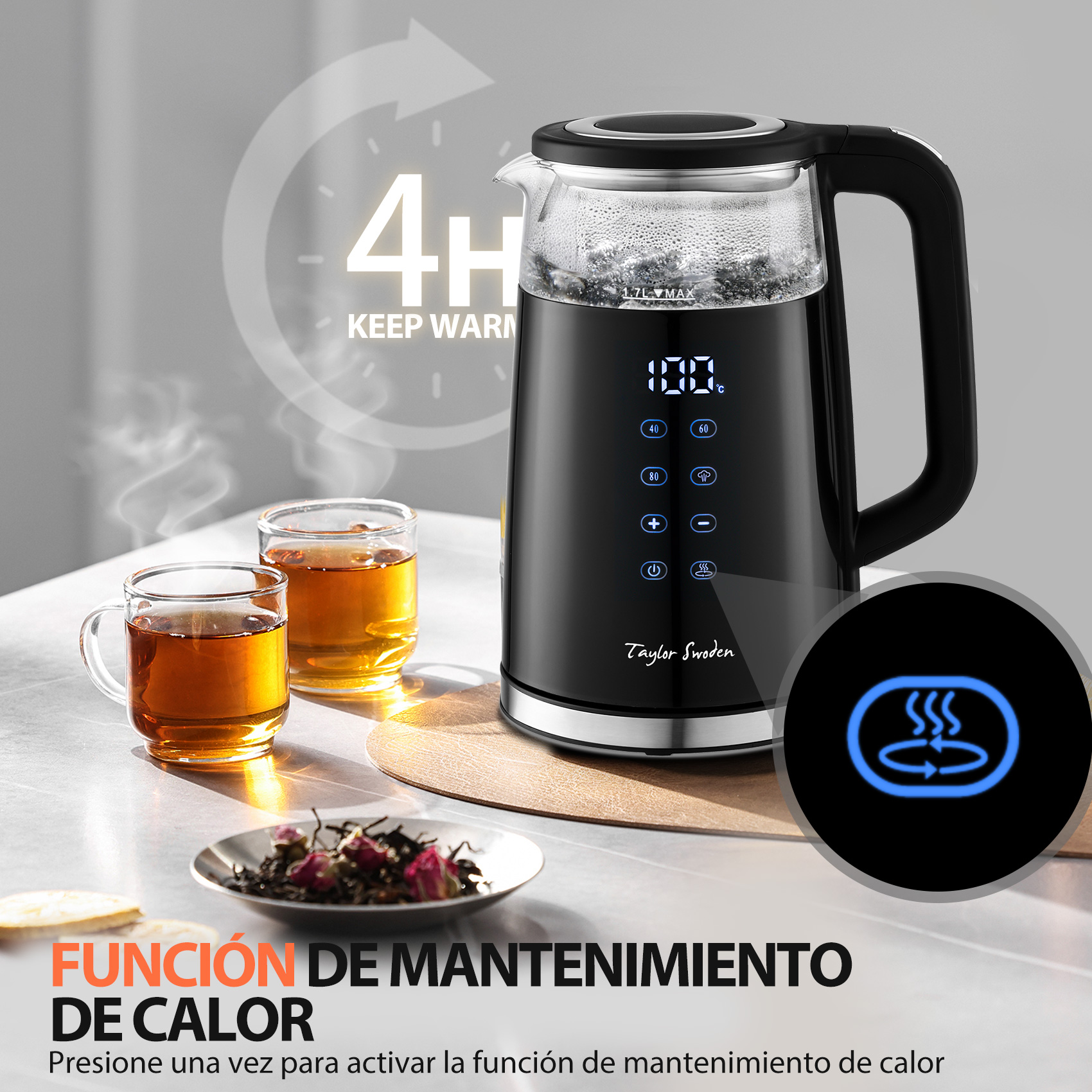 Una tetera eléctrica negra con tapa de cristal y pantalla digital, con dos tazas de té.