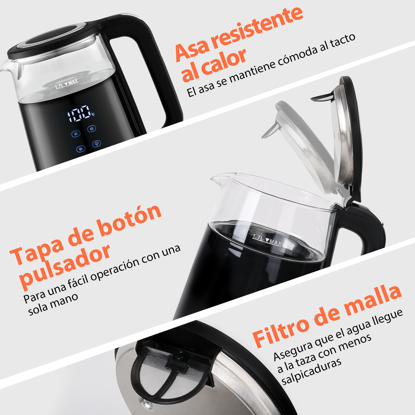 Una tetera eléctrica con texto que explica las características. La tetera tiene un asa y tapa negras.