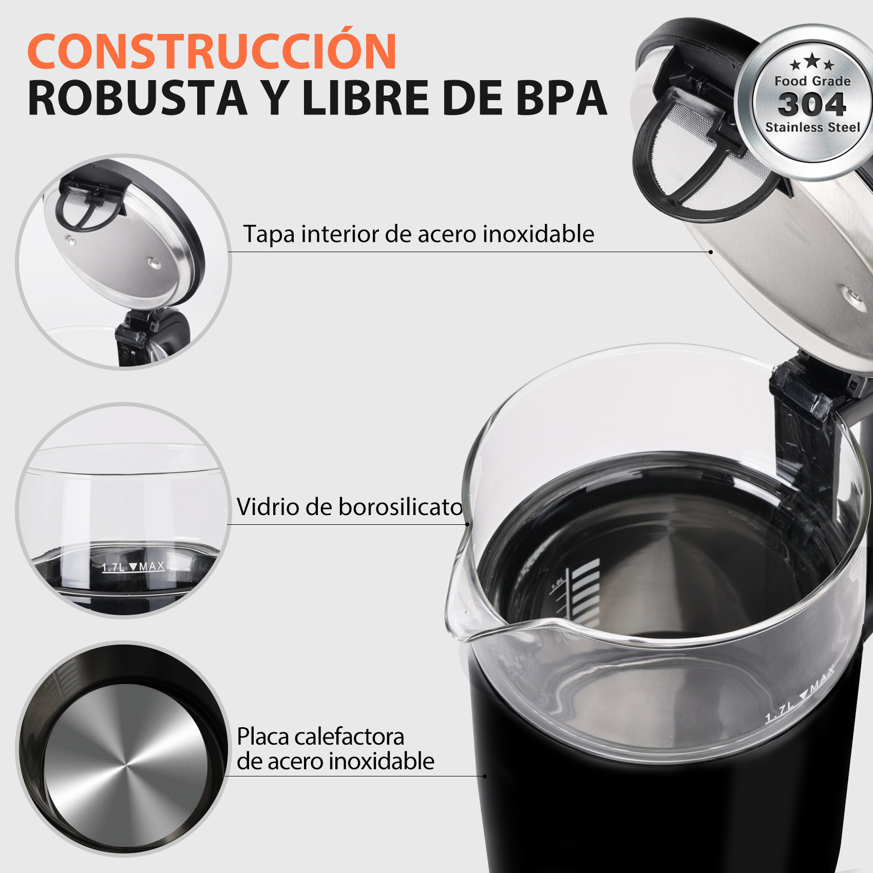 Primer plano de una tetera eléctrica negra con componentes de acero inoxidable y vidrio. Se ven etiquetas y texto.