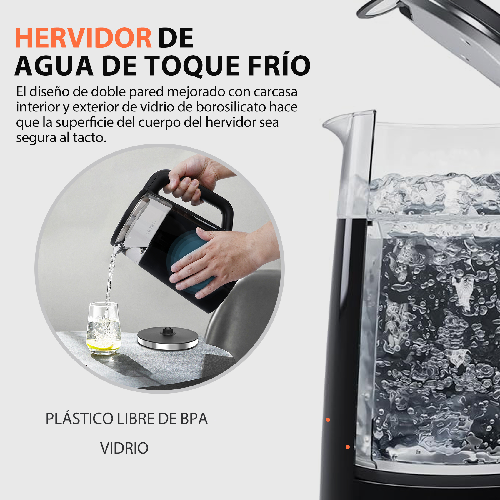 Hervidor vertiendo agua en un vaso. El hervidor es negro con vidrio transparente.