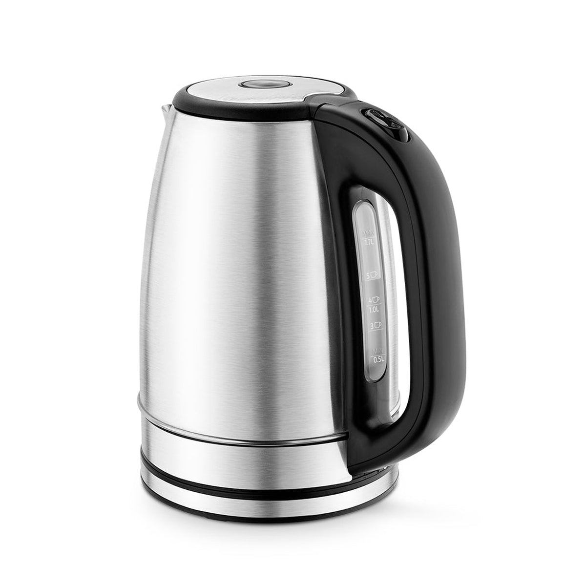 Srebrny czajnik elektryczny z czarnym uchwytem i wskaźnikiem poziomu wody.