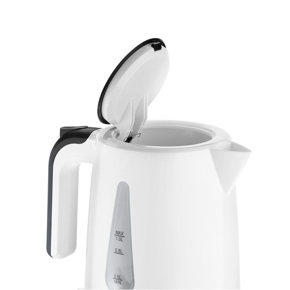 Un bollitore elettrico bianco con il coperchio aperto, che rivela l'interno e un'indicazione del livello dell'acqua.