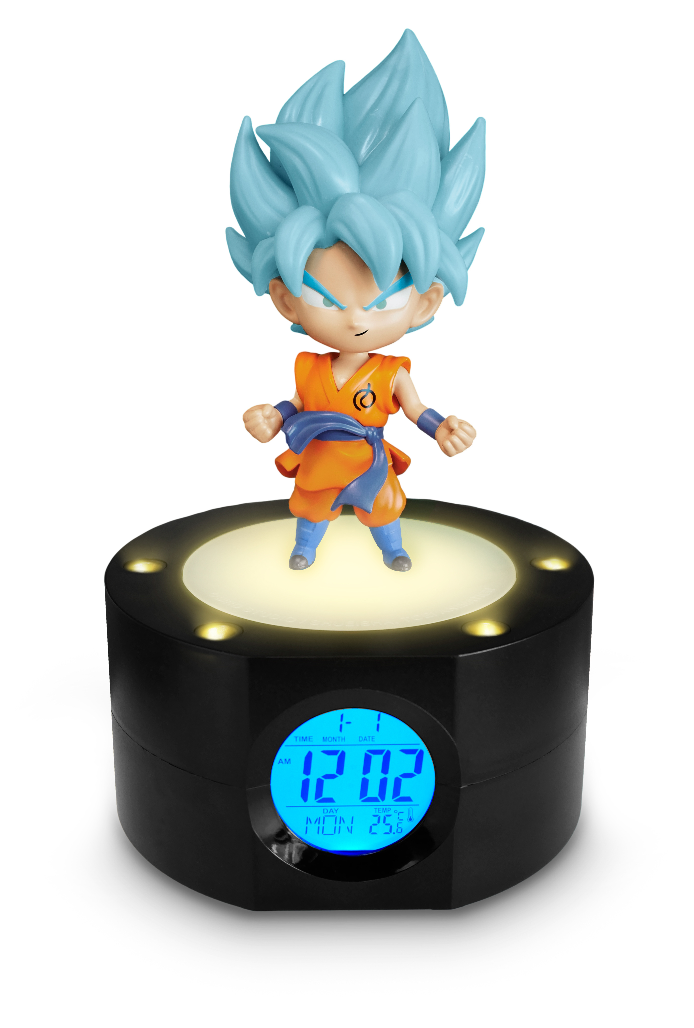 Una sveglia nera con una figura di Goku sopra. L'orologio mostra l'ora e la data in blu.