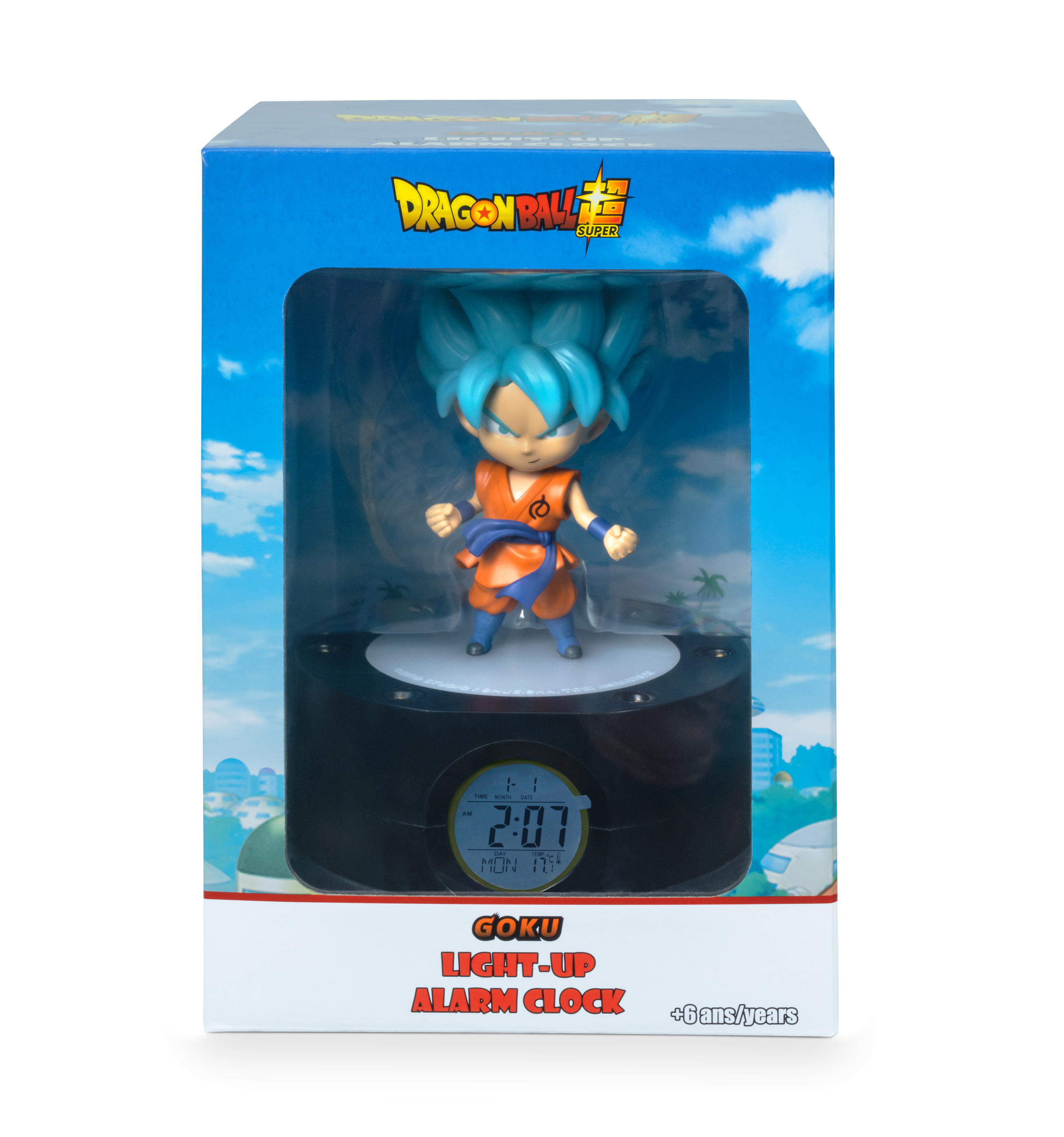 Una sveglia di Dragon Ball Super con una figura di Goku. L'orologio mostra l'ora e il giorno.