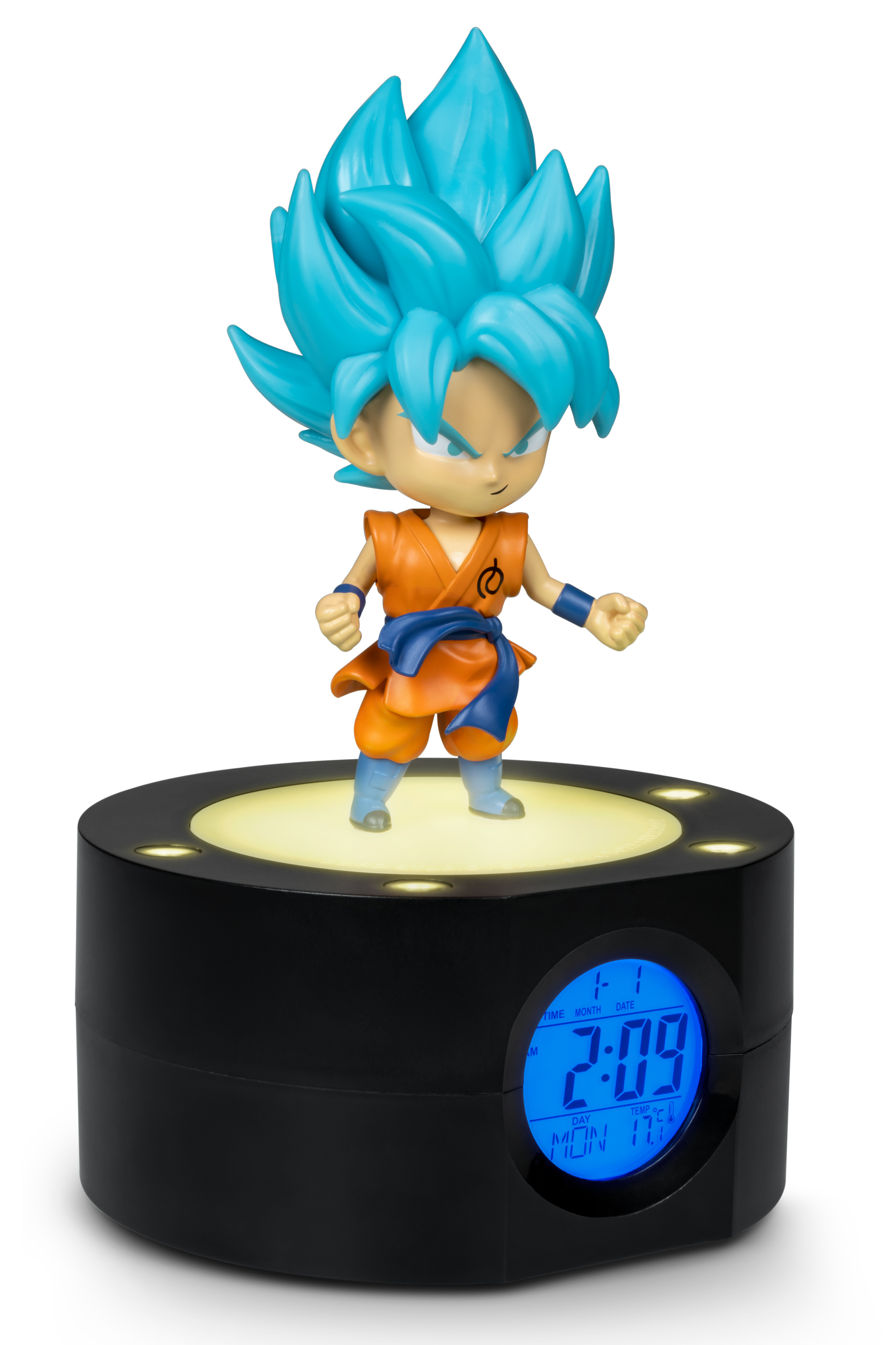 Figura di Goku di Dragon Ball Z su un orologio. L'orologio è nero con un display digitale blu.