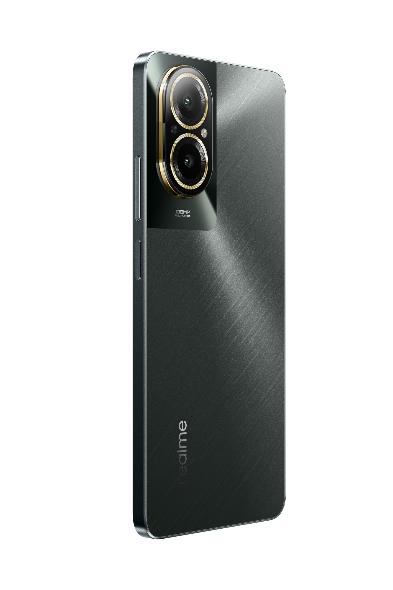 La parte trasera de un teléfono verde oscuro con cámaras duales y el logotipo de Realme.