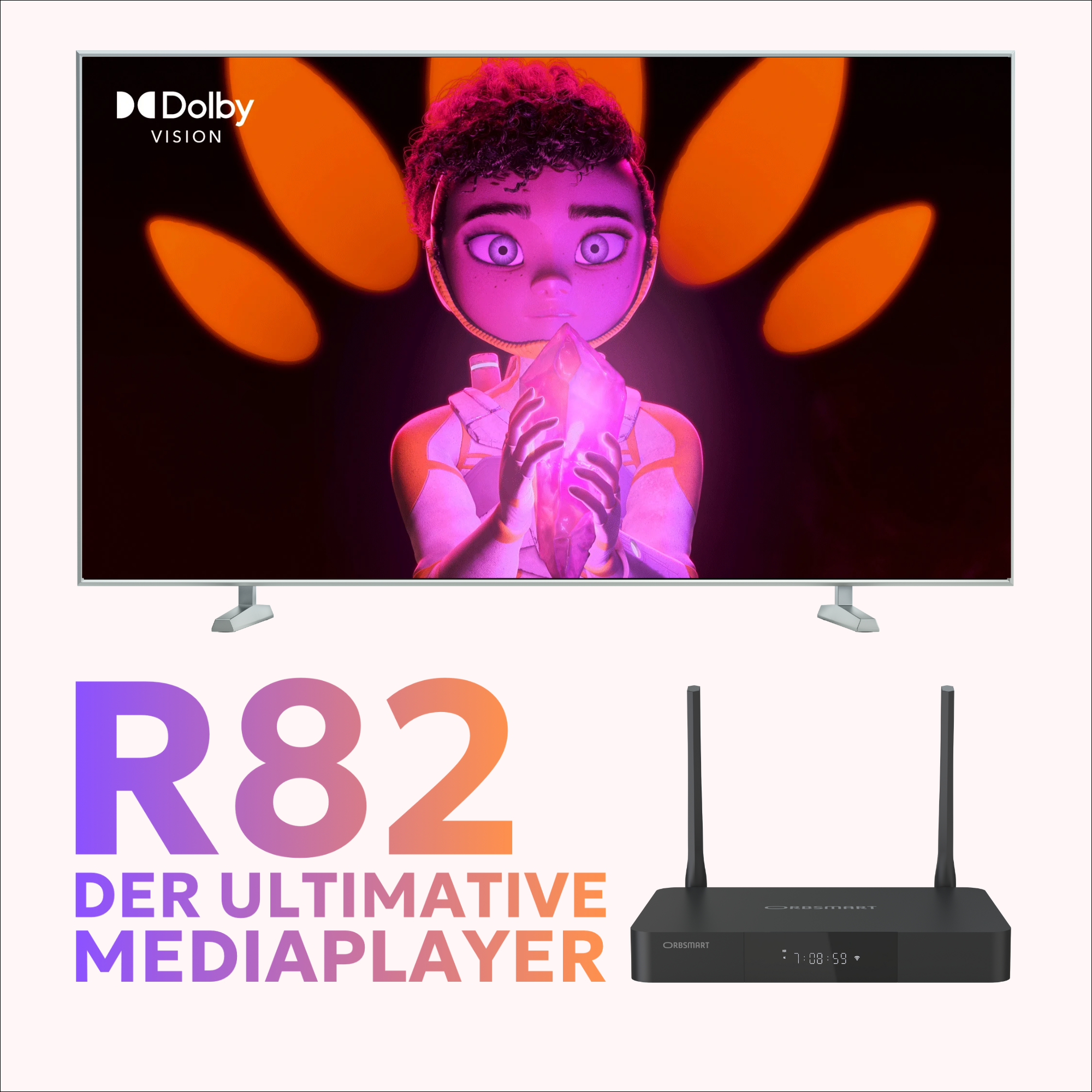 Ein großer Fernsehbildschirm zeigt einen Cartoon. Darunter ein Mediaplayer mit lila Logo.