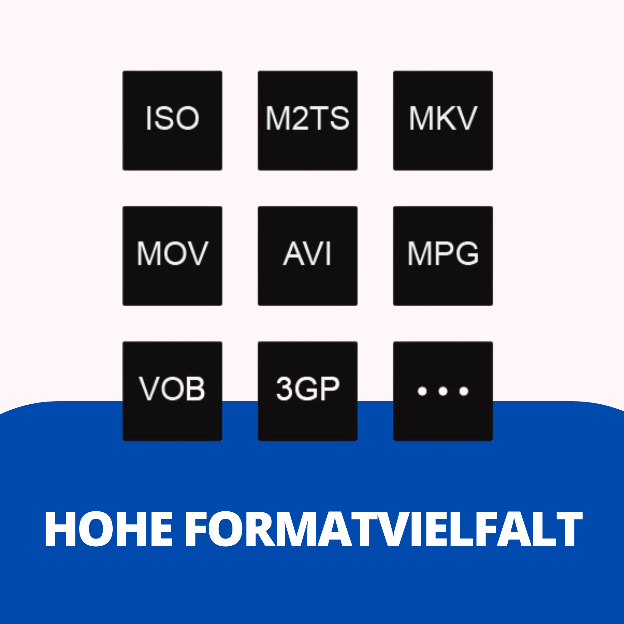 Grafik mit Symbolen für Mediadateitypen: ISO, M2TS, MKV, MOV, AVI, MPG, VOB, 3GP und mehr.