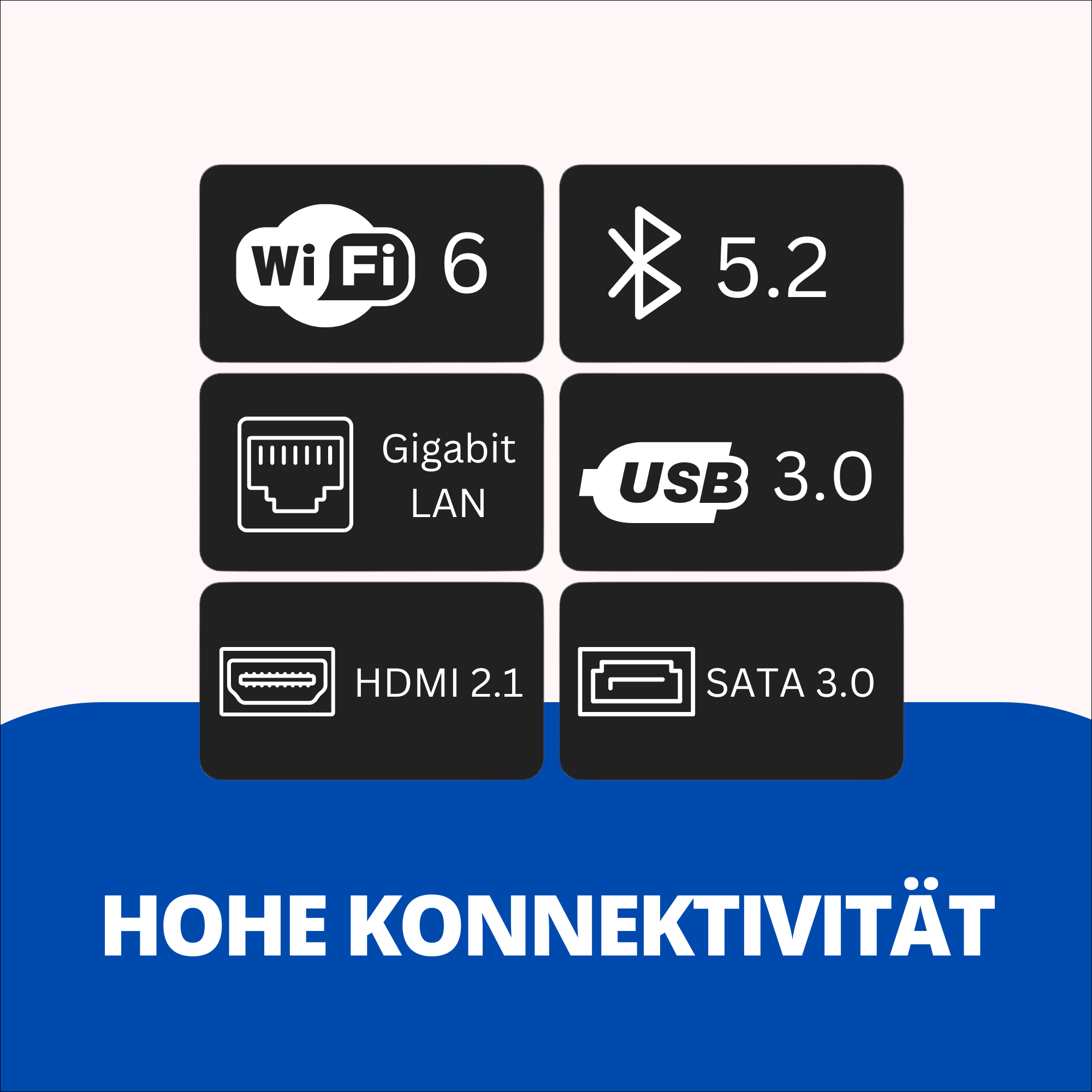 Grafik mit Wi-Fi, Bluetooth, LAN, USB, HDMI und SATA Symbolen, mit deutschem Text.