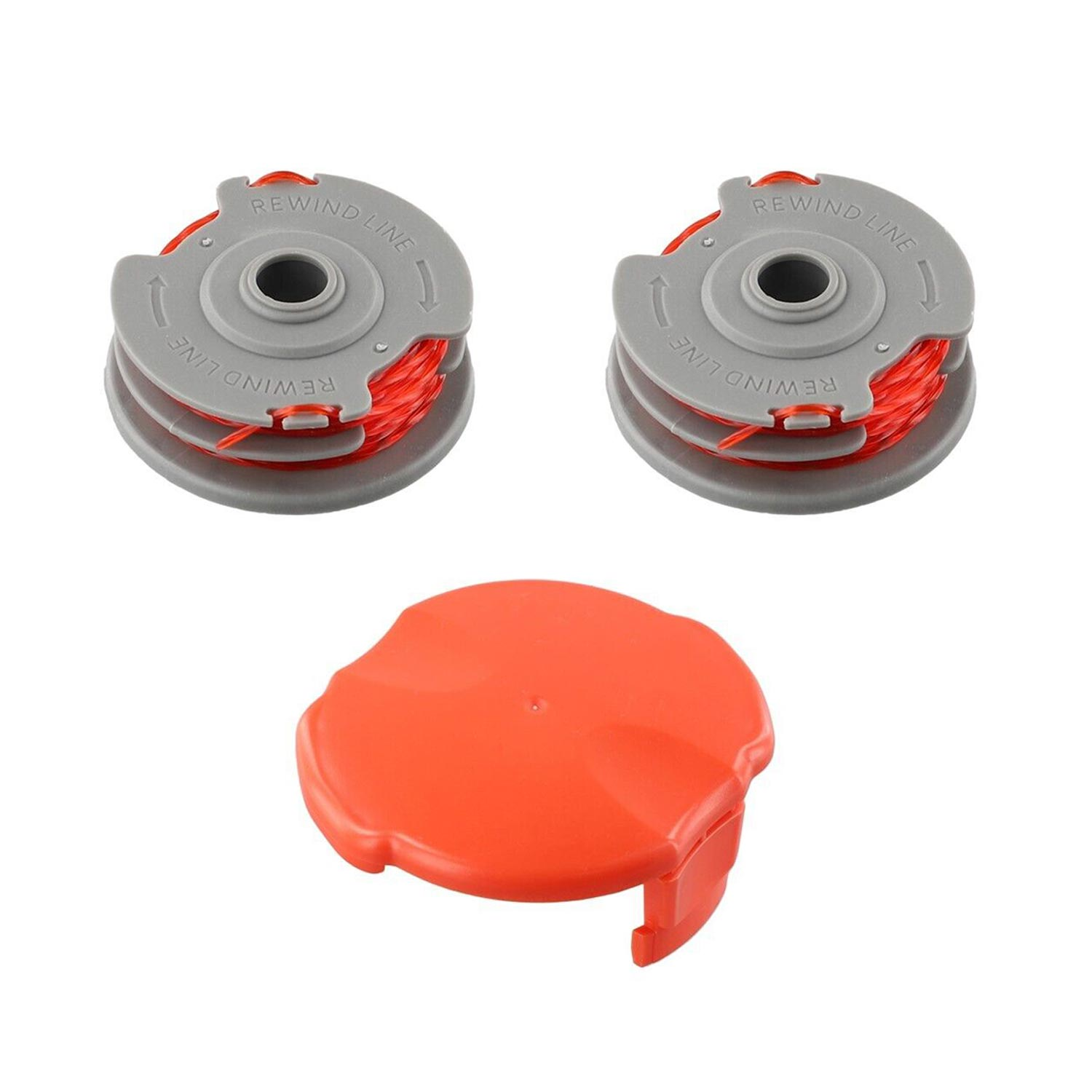 Tre bobine di filo del trimmer e una copertura arancione. Colori grigio e rosso.