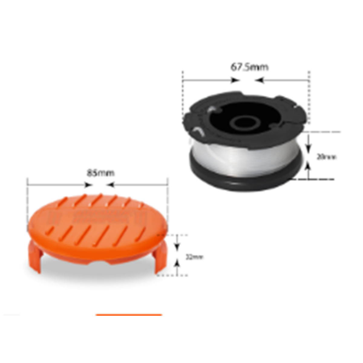 Protezione del trimmer arancione e bobina del trimmer. La bobina è nera, con dimensioni.