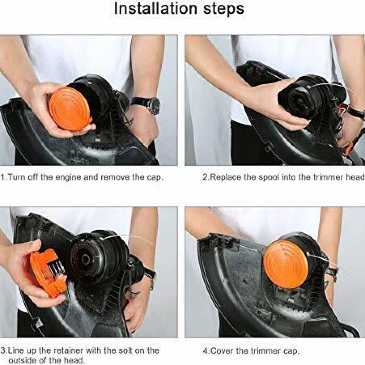 Fasi di installazione di un trimmer. Le mani assemblano i pezzi. Bobina arancione e testa nera visibili.