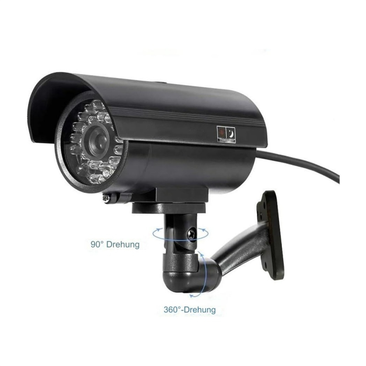 Schwarze Überwachungskamera mit 360-Grad-Drehung, an der Wand montiert. Text zeigt Rotationsgrade.