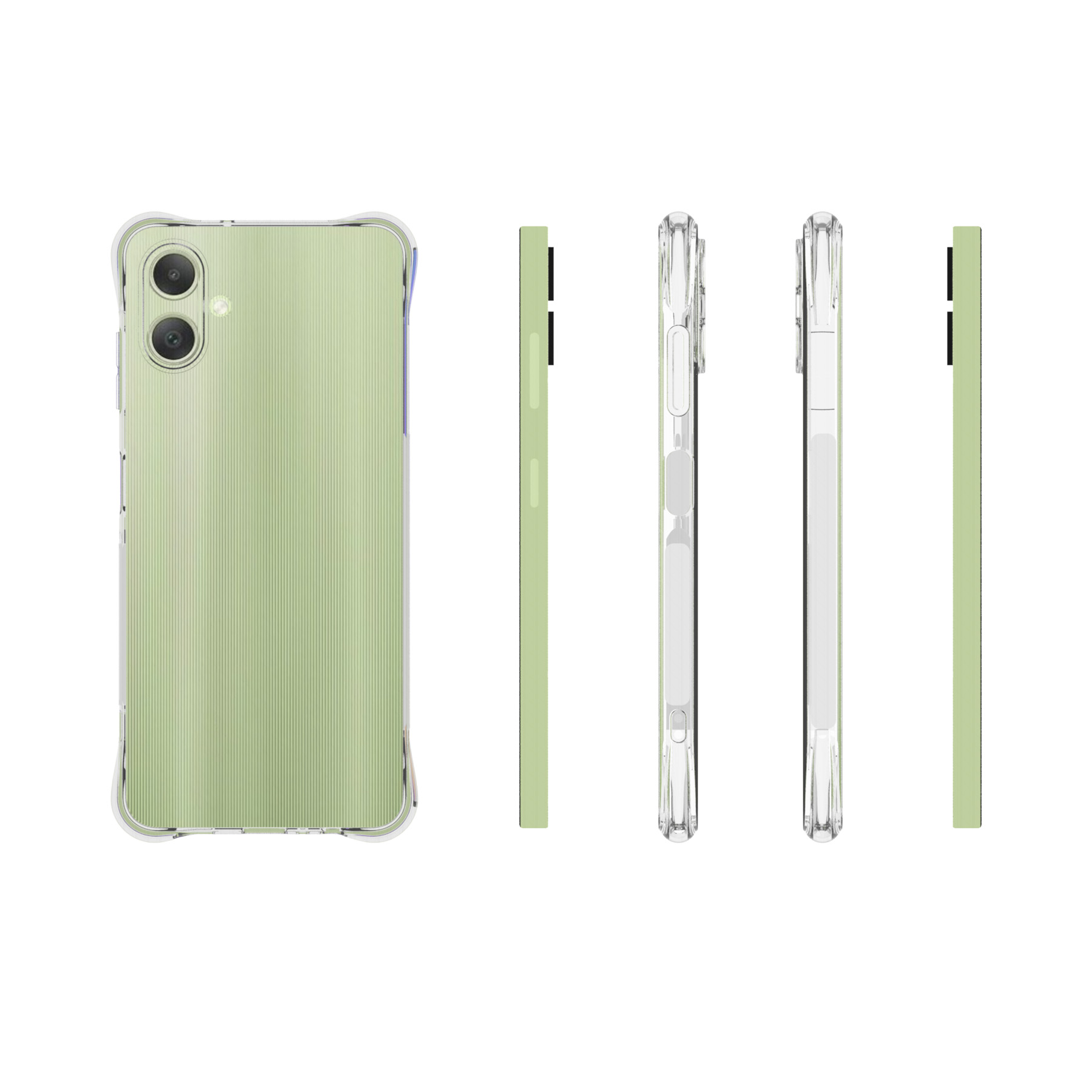 Eine Handyhülle mit mehreren Ansichten, die Rückseite, Seiten und ein transparentes Design zeigen.