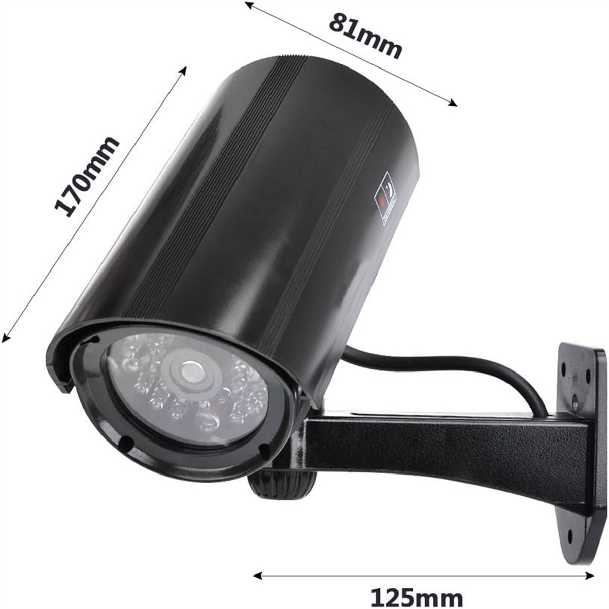 Schwarze Überwachungskamera an einer Halterung montiert. Maße: 170 mm, 81 mm, 125 mm.
