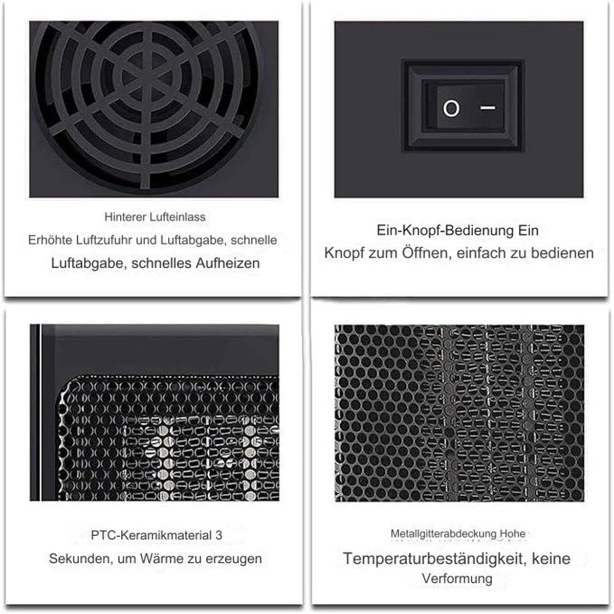 Vier Bilder mit Details eines schwarzen Geräts: Lufteinlass, Ein-/Ausschalter, Heizelement und Metallgitter.