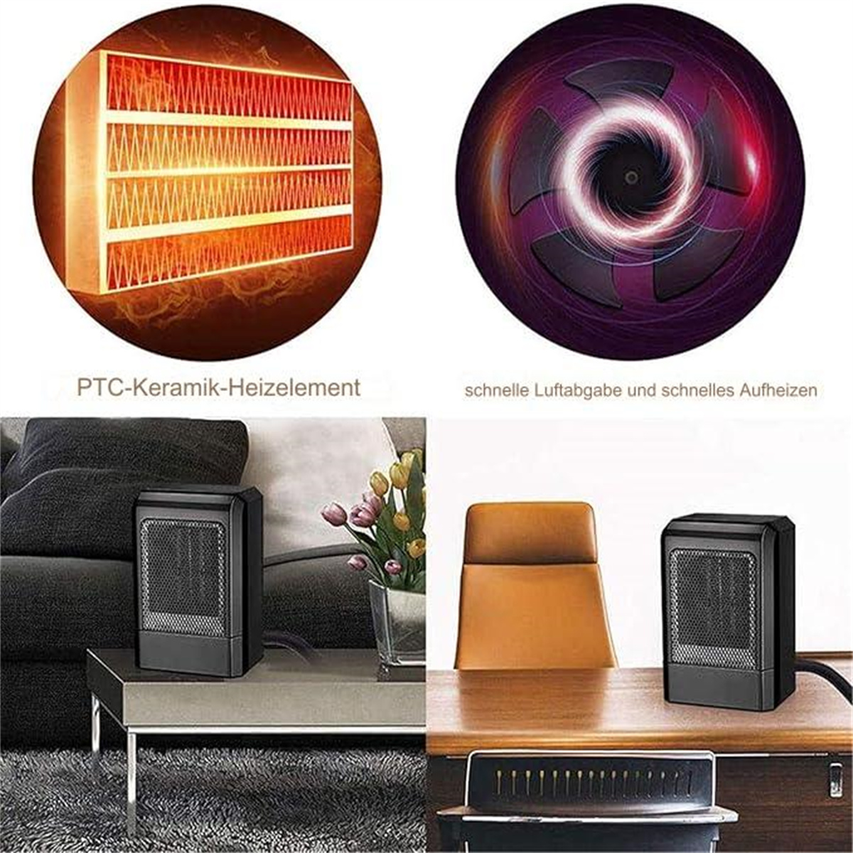 Bilder zeigen einen Keramikheizer, einen Ventilator und zwei schwarze Heizungen auf einem Tisch.