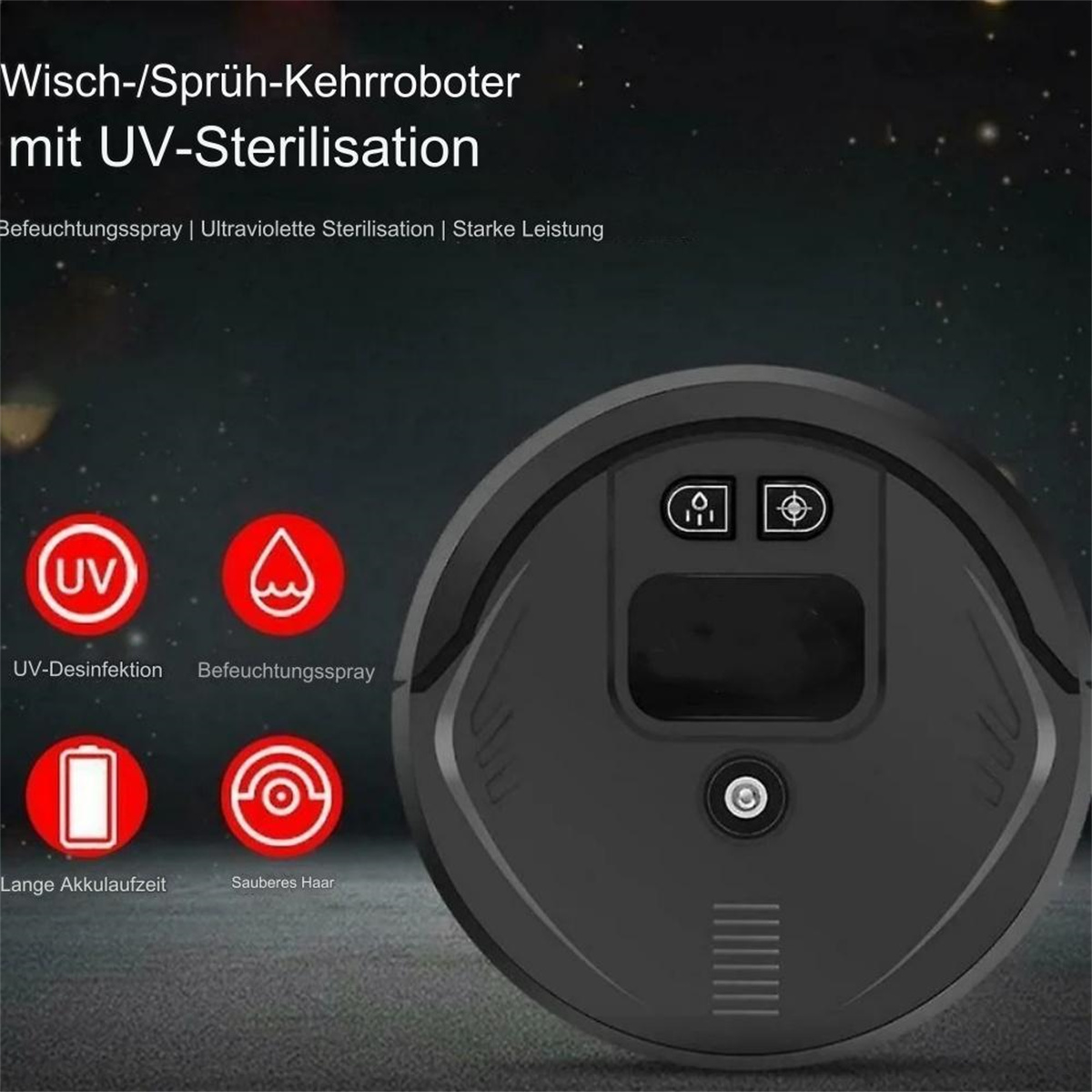 Schwarzer und grauer Roboterstaubsauger. Rote Symbole auf der Oberseite für UV-Desinfektion und Reinigung.