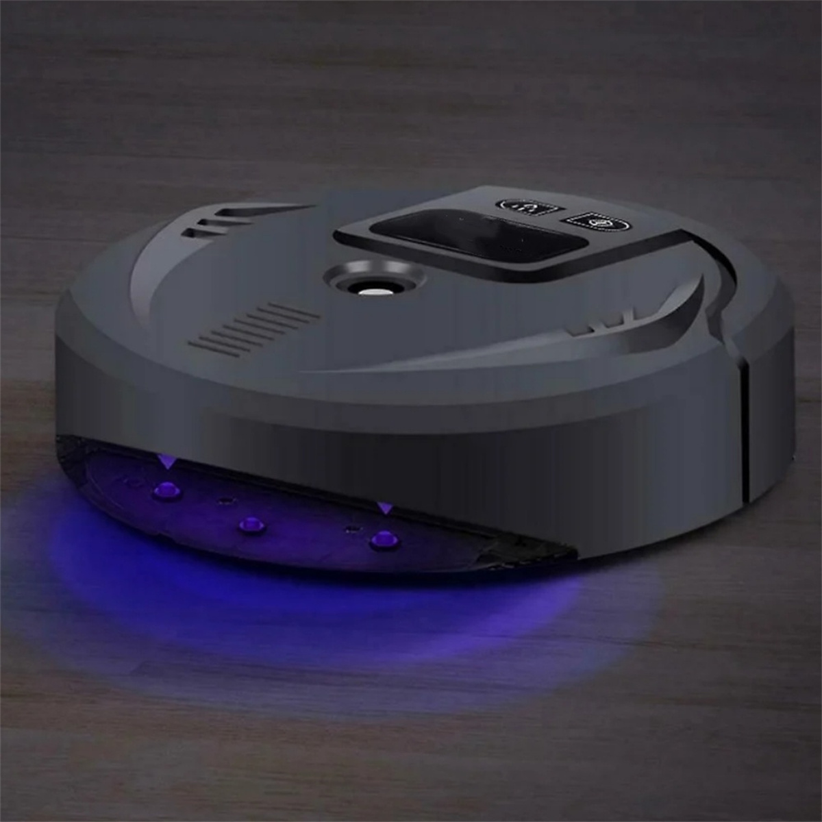 Schwarzer Roboter-Staubsauger mit blauem Licht.