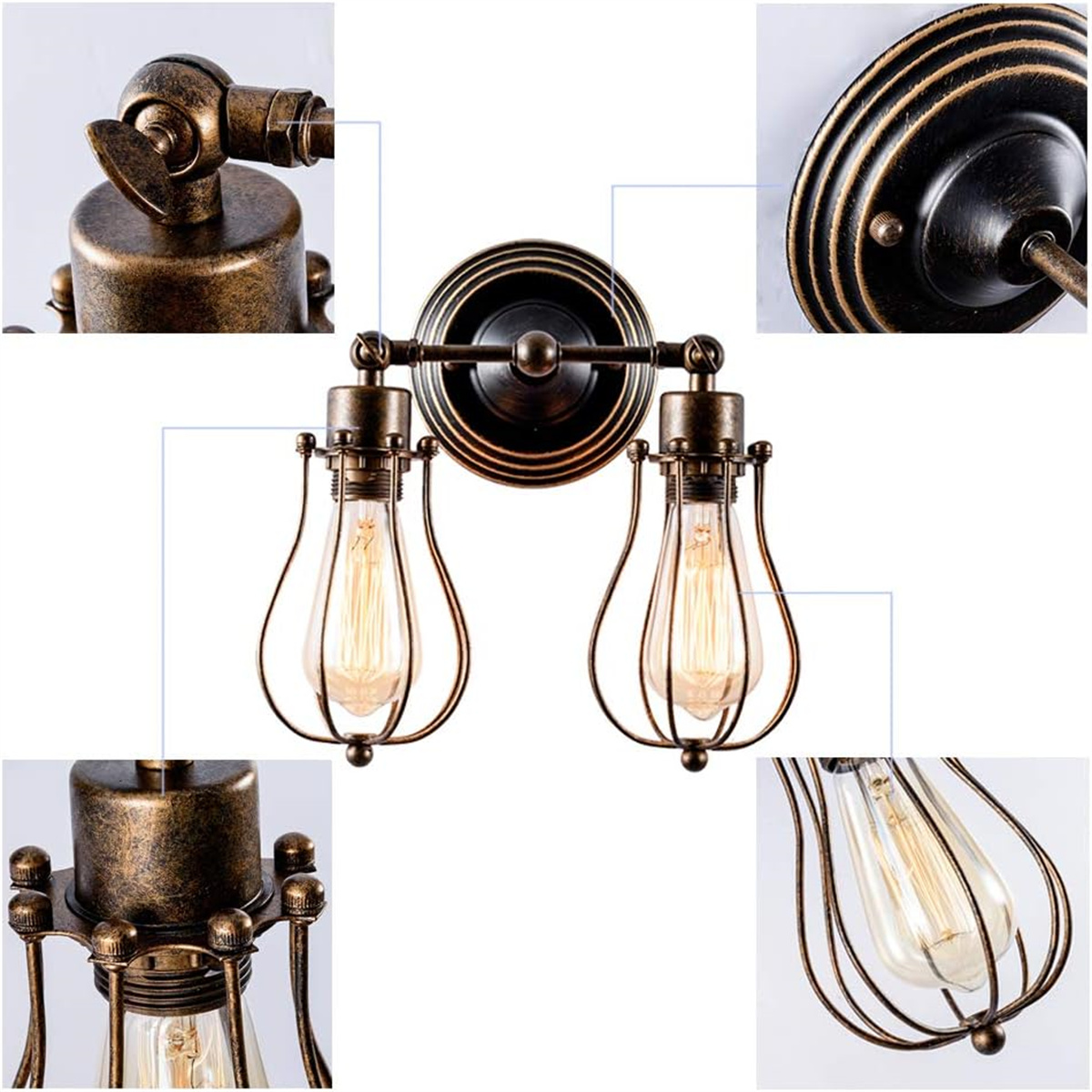 Vintage Wandleuchte aus Bronze mit zwei Edison-Glühbirnen, Nahaufnahmen.