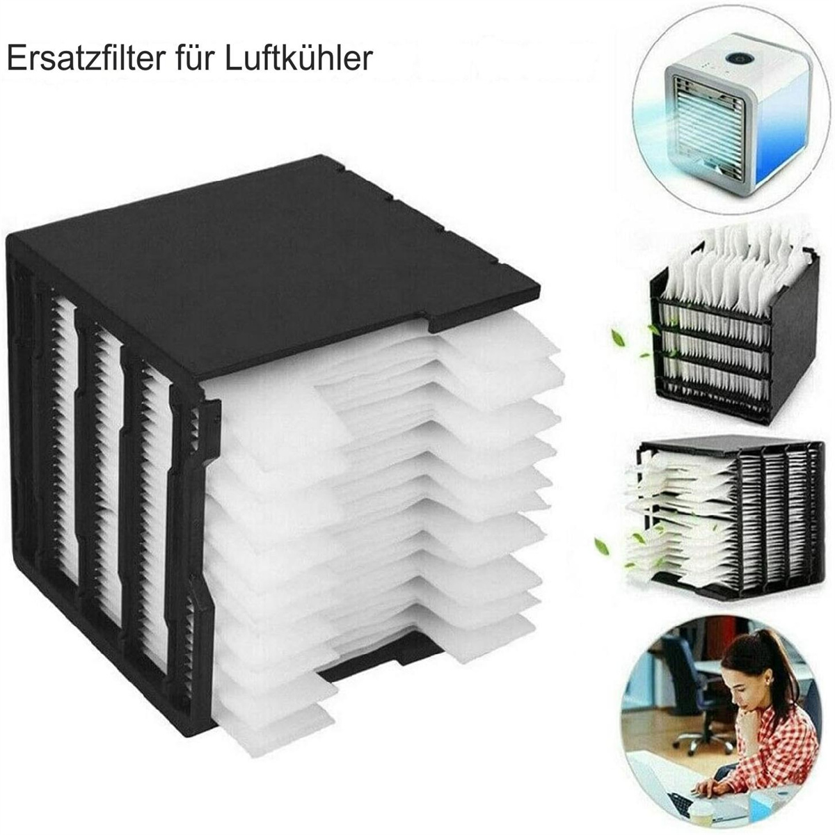 Ein schwarzes Ersatzfilterset für Luftkühler mit mehreren Filtern und einem kleinen Kühlerbild.
