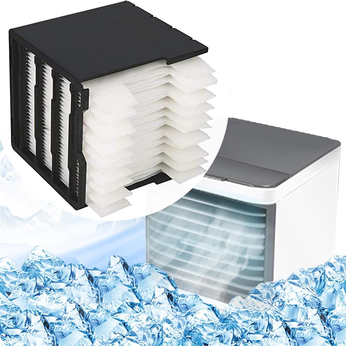 Ein Luftkühler mit Filter und Eiswürfeln.
