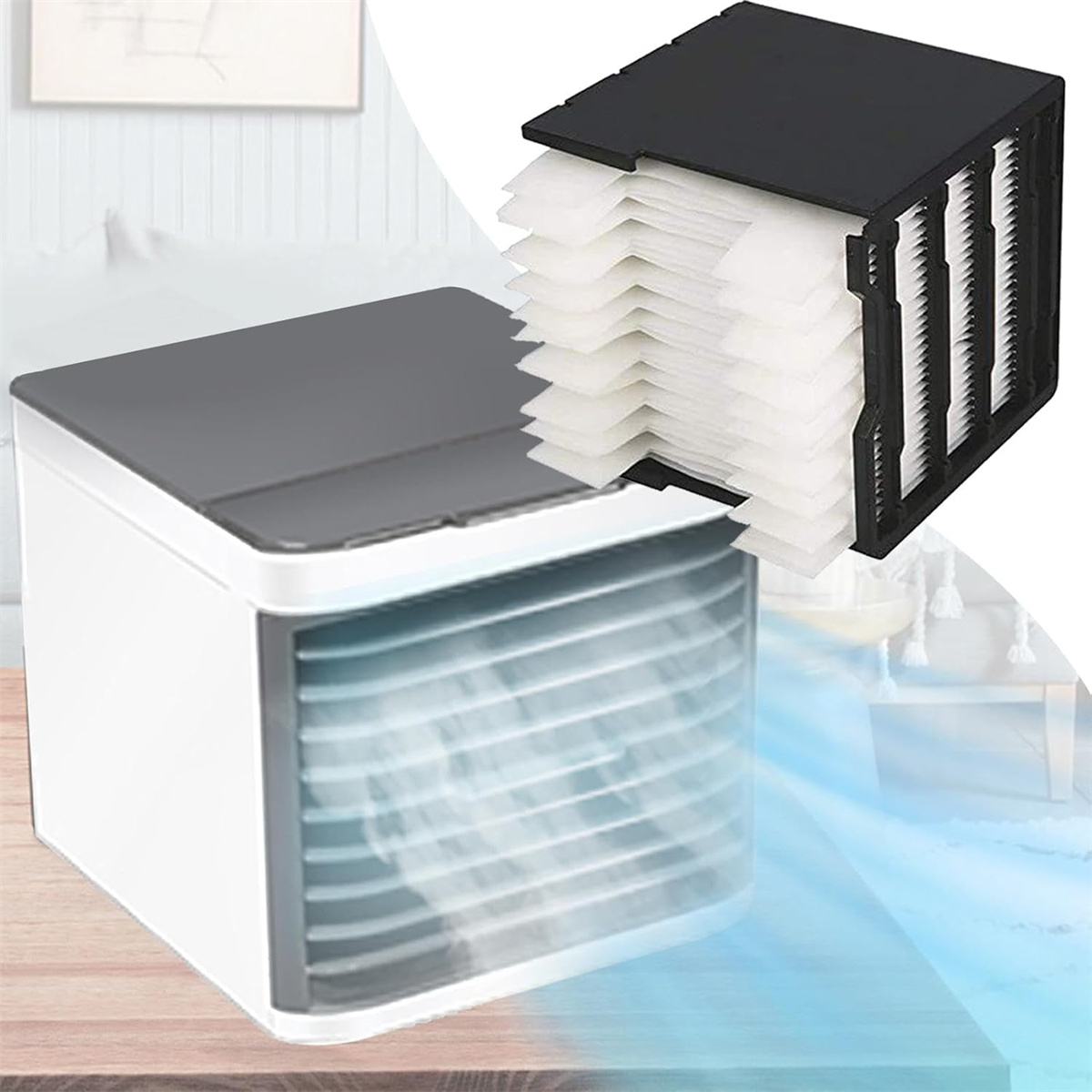 Weiß-schwarzer Luftkühler mit entferntem Filter, mit blauem Luftstromeffekt.
