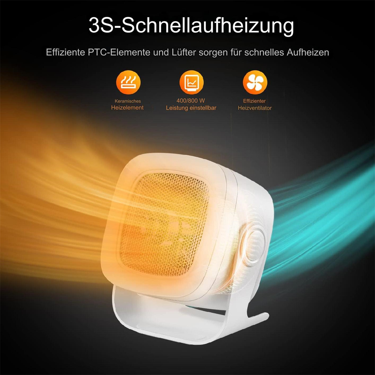 Weißer Heizlüfter mit orangefarbenem Glühen und Symbolen. Gelber und schwarzer Hintergrund.