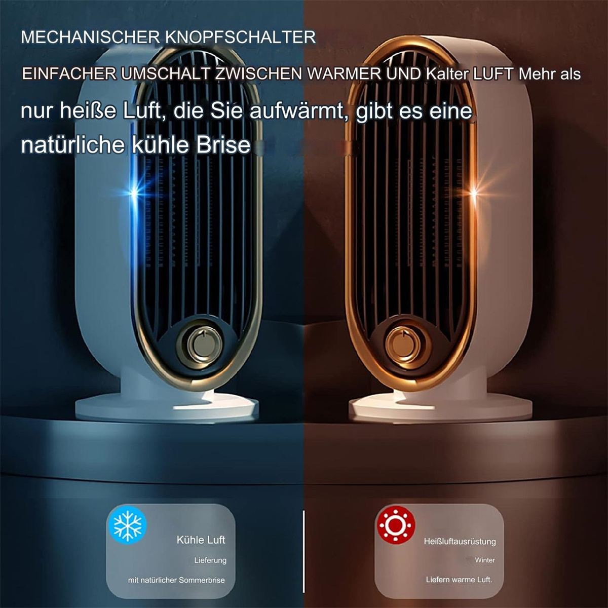 Zwei elektrische Heizungen, eine mit kühler Luft und die andere mit warmer Luft, mit Text darüber.