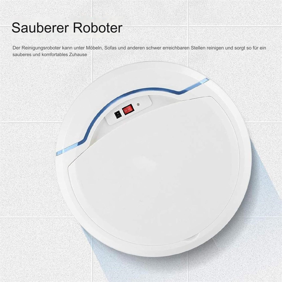 Weißer Roboter-Staubsauger auf Fliesenboden. Weißes und blaues Design.