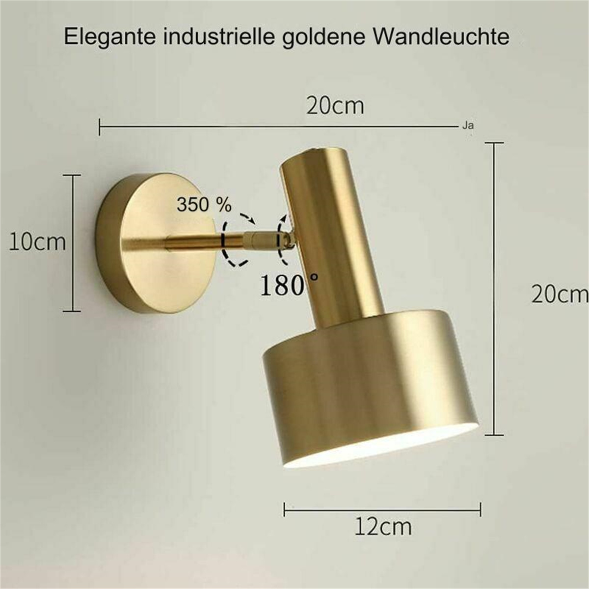 Goldene Wandleuchte, zylindrisches Design, mit Maßen und Abmessungen. An einer hellen Wand montiert.