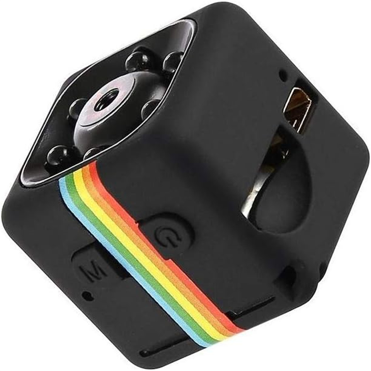 Schwarze, würfelförmige Mini-Kamera mit Regenbogenstreifen und verschiedenen Knöpfen. Sie hat ein Objektiv vorne.