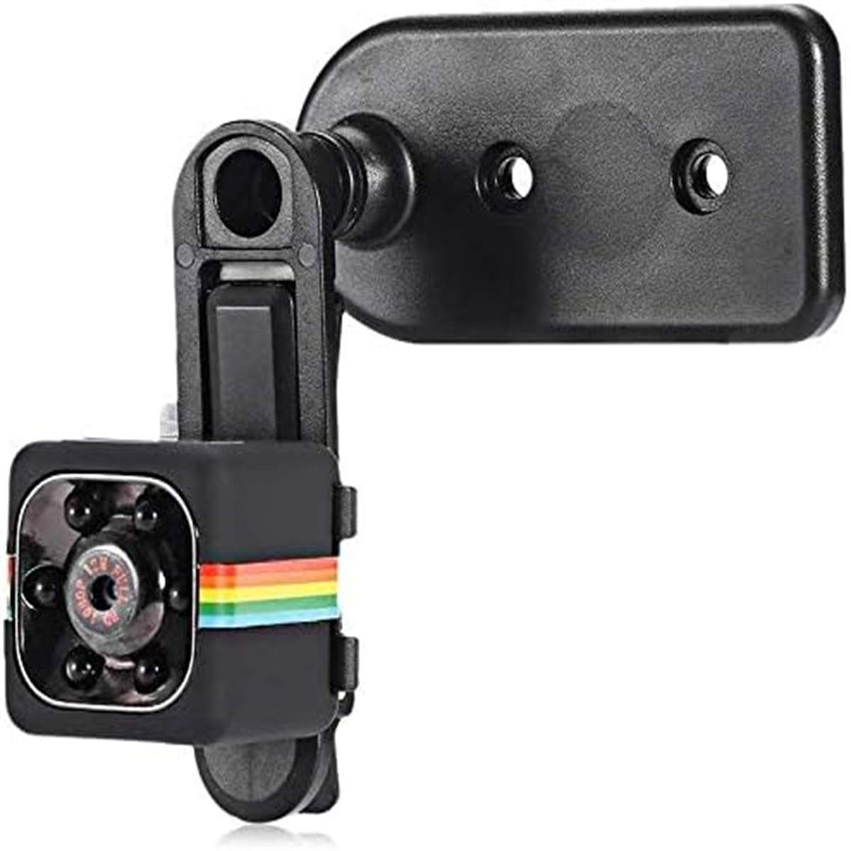 Schwarze Minikamera mit Regenbogenstreifen und Halterung. Sie ist an einem schwarzen Spiegel befestigt.