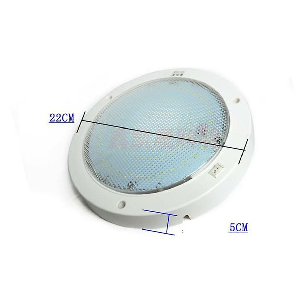 Weiße, ovale LED-Leuchte. Abmessungen sind mit 22cm und 5cm angegeben.