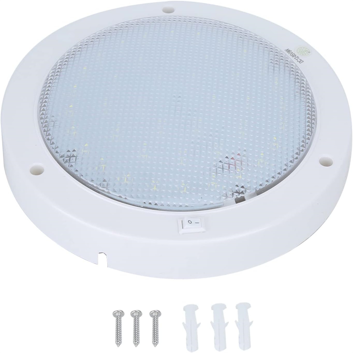 Weiße, runde LED-Deckenleuchte mit Schrauben und Dübeln.