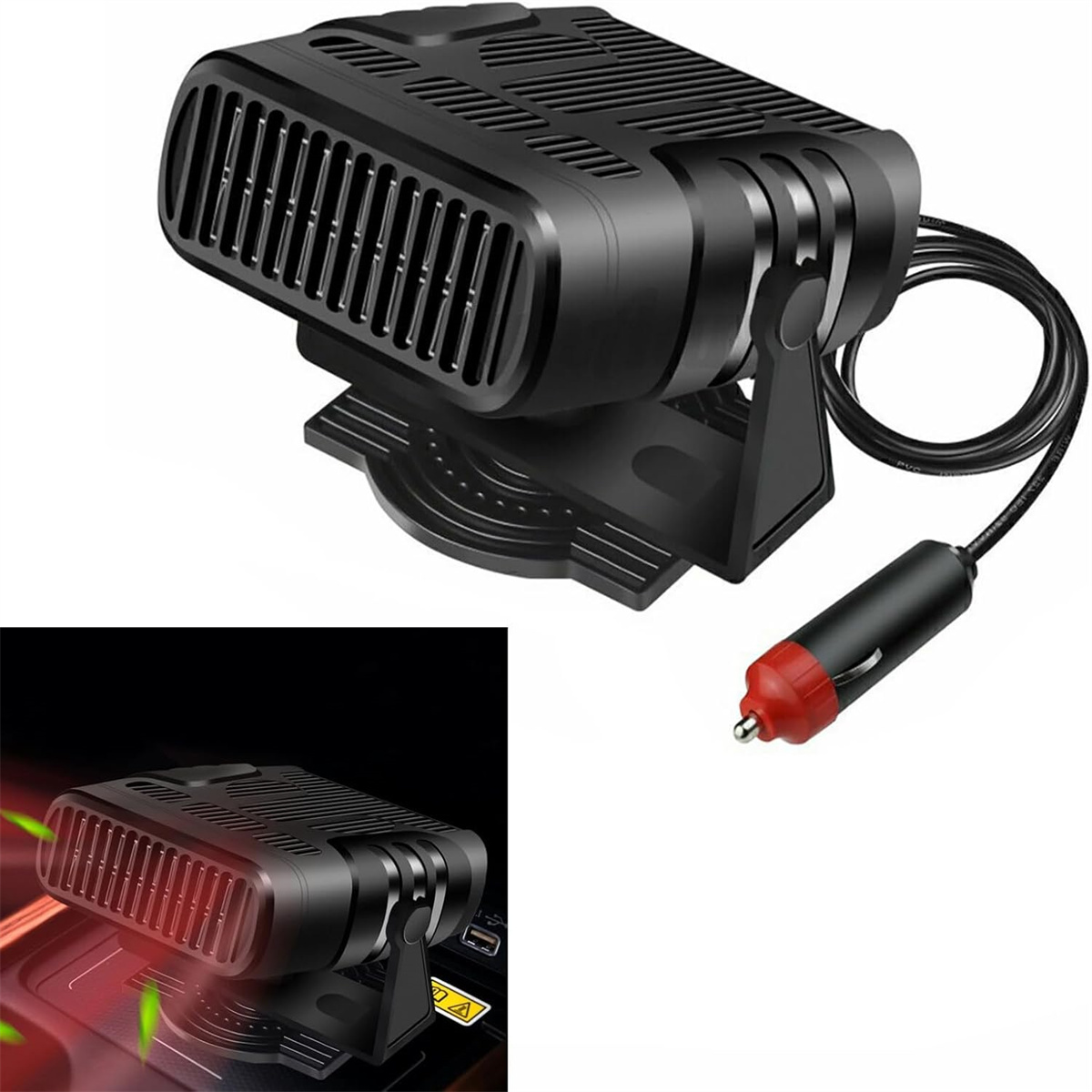 Schwarze Autoheizung mit rotspitzigem Stecker. Es hat ein fächerartiges Gitter und einen schwarzen Sockel.