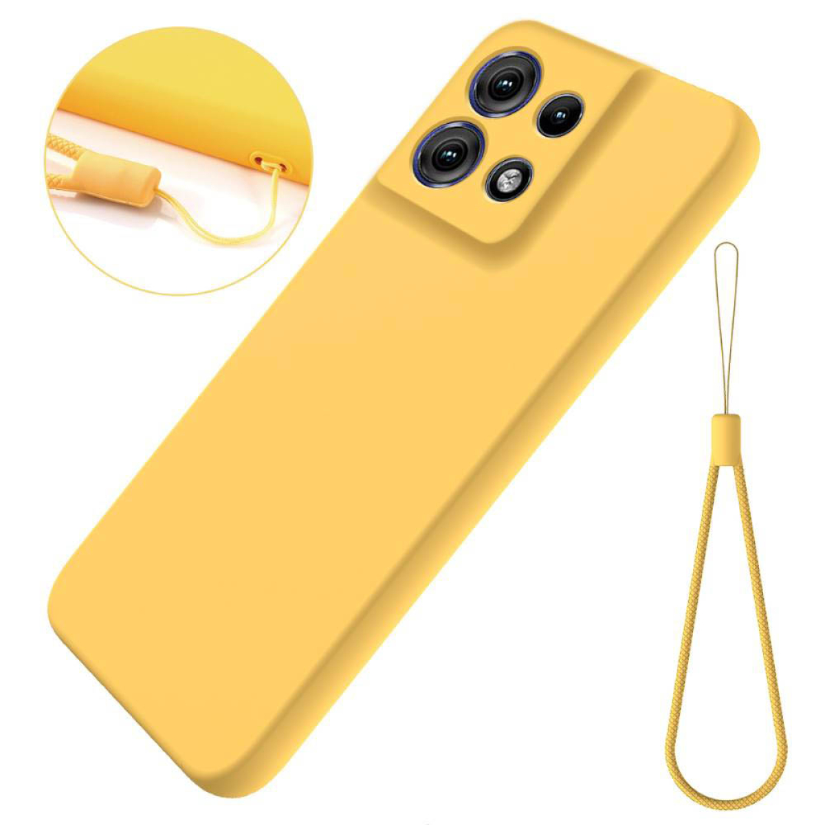Eine gelbe Handyhülle mit Lanyard, die ein Telefon mit mehreren Kameras hält.