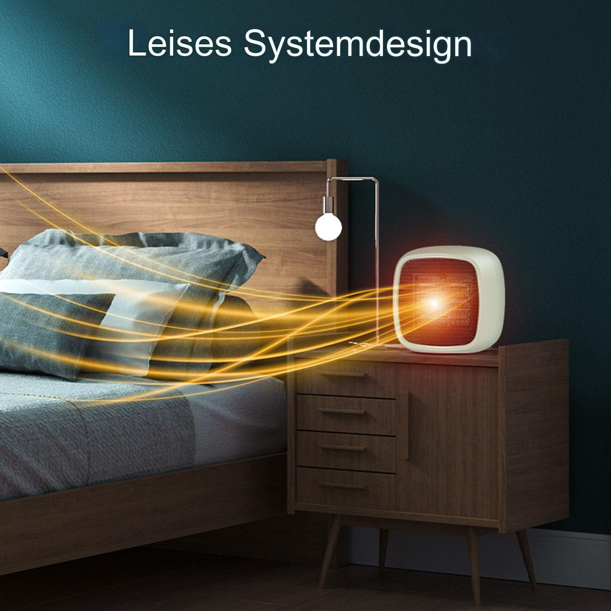 Ein kleiner weißer Elektroheizer auf einem Nachttisch aus Holz, mit Licht und Bett sichtbar.