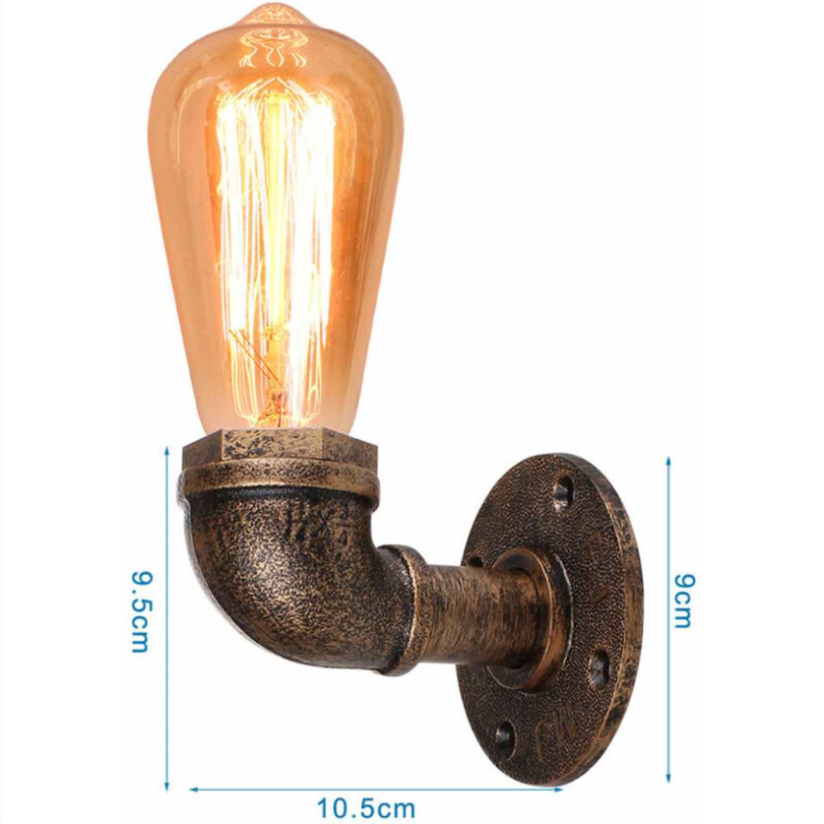 Eine Wandlampe im Vintage-Stil mit einer freiliegenden Glühbirne und industriellen Rohrfittings wird gezeigt.