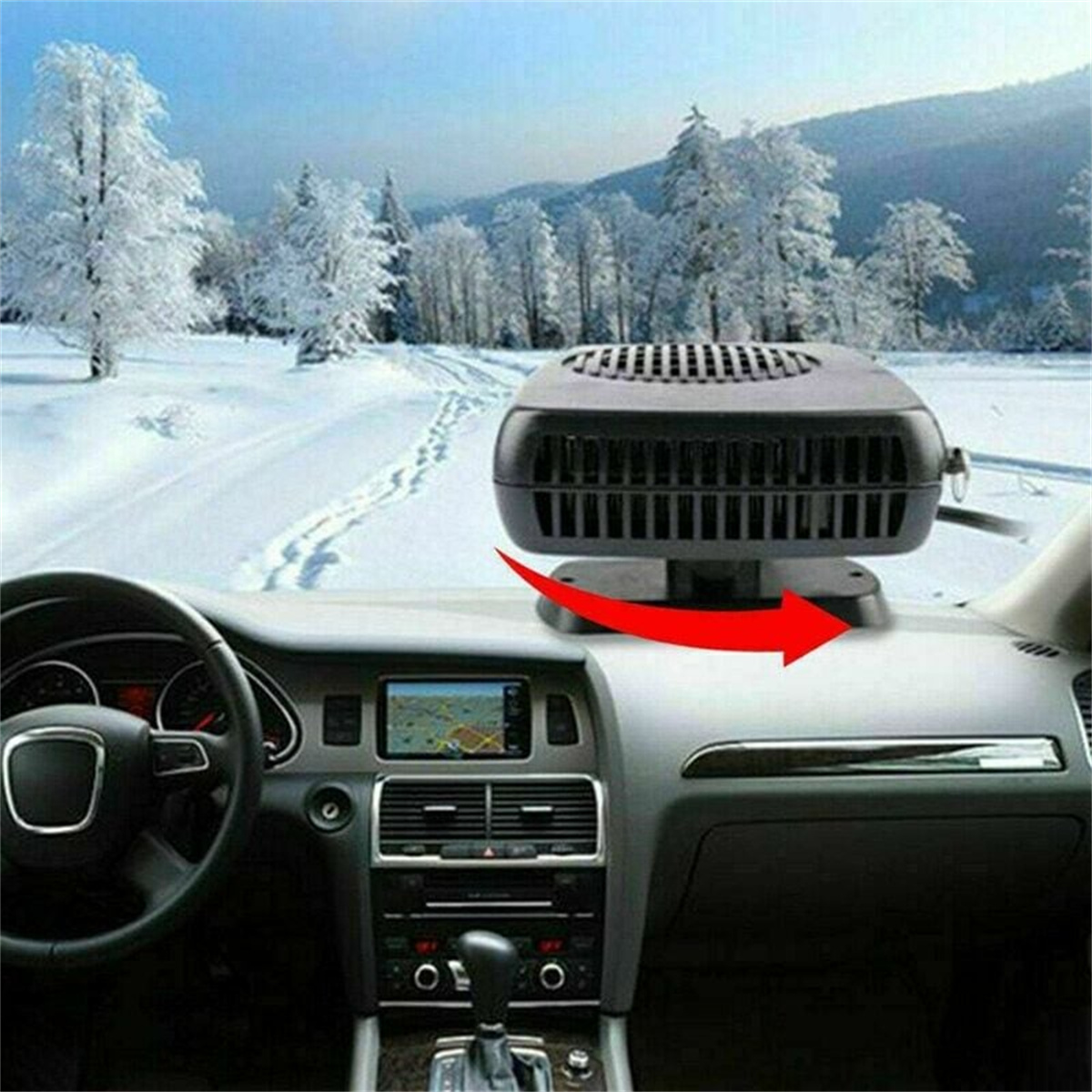Autoheizung auf dem Armaturenbrett, mit verschneiter Winterszene durch die Windschutzscheibe.