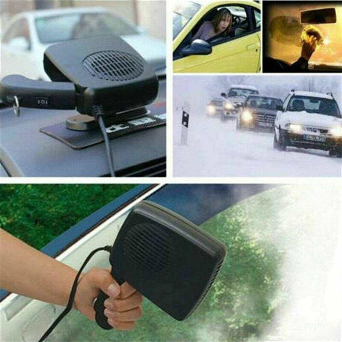 Eine Collage von Autoheizungszubehör, einschließlich eines Heizgeräts auf einem Autodach und einer Hand, die ein Heizgerät hält.