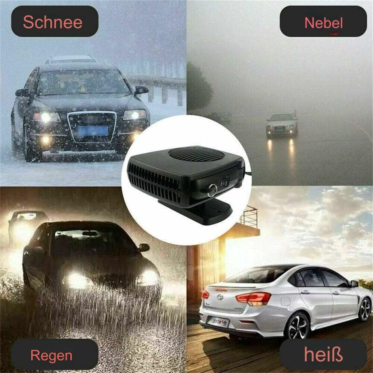 Bild eines tragbaren Autoheizgeräts, mit Schnee-, Nebel-, Regen- und Heizsymbolen darum herum.