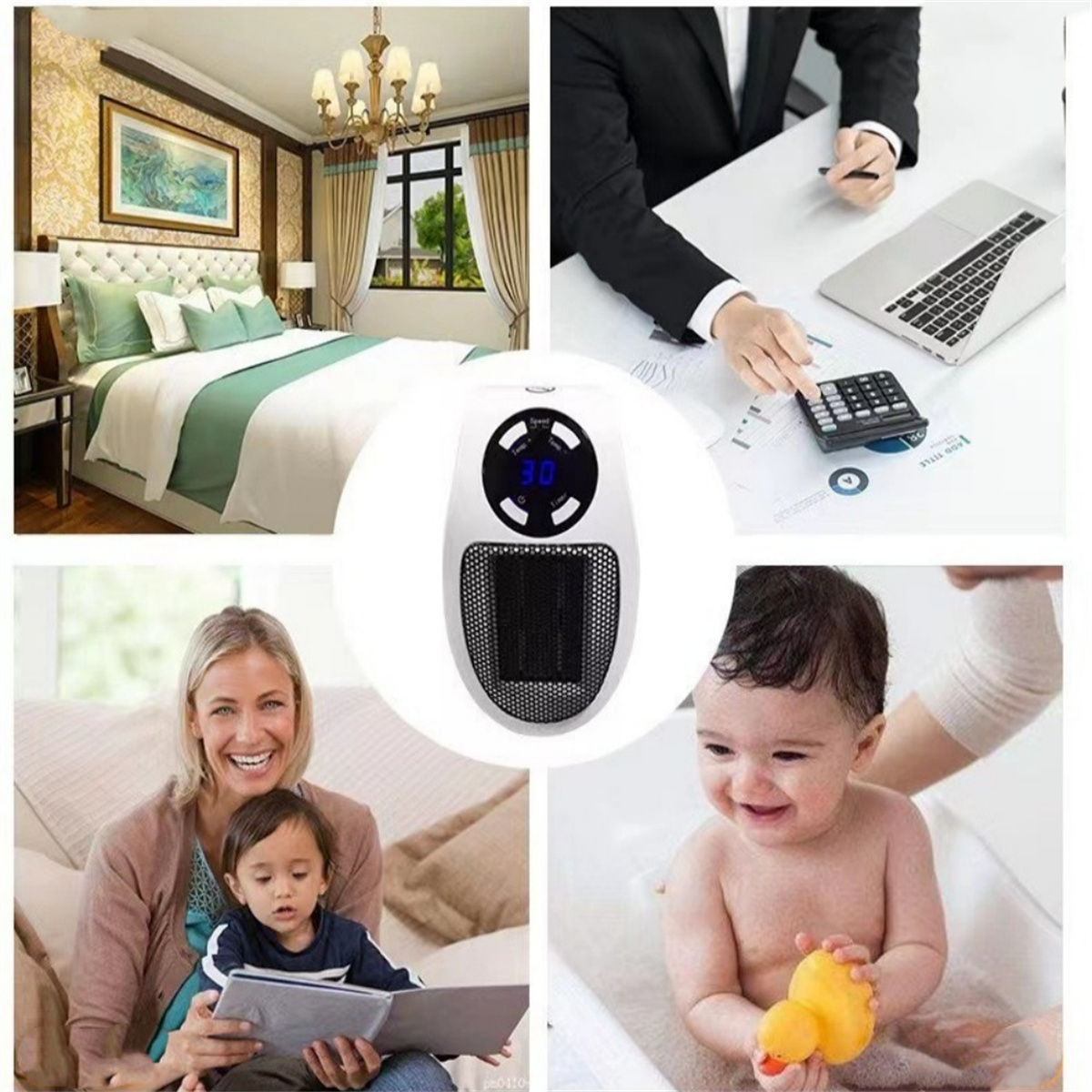 Collage von Bildern: Schlafzimmer, Person am Schreibtisch, Lesen mit Kind und Baby in der Wanne.