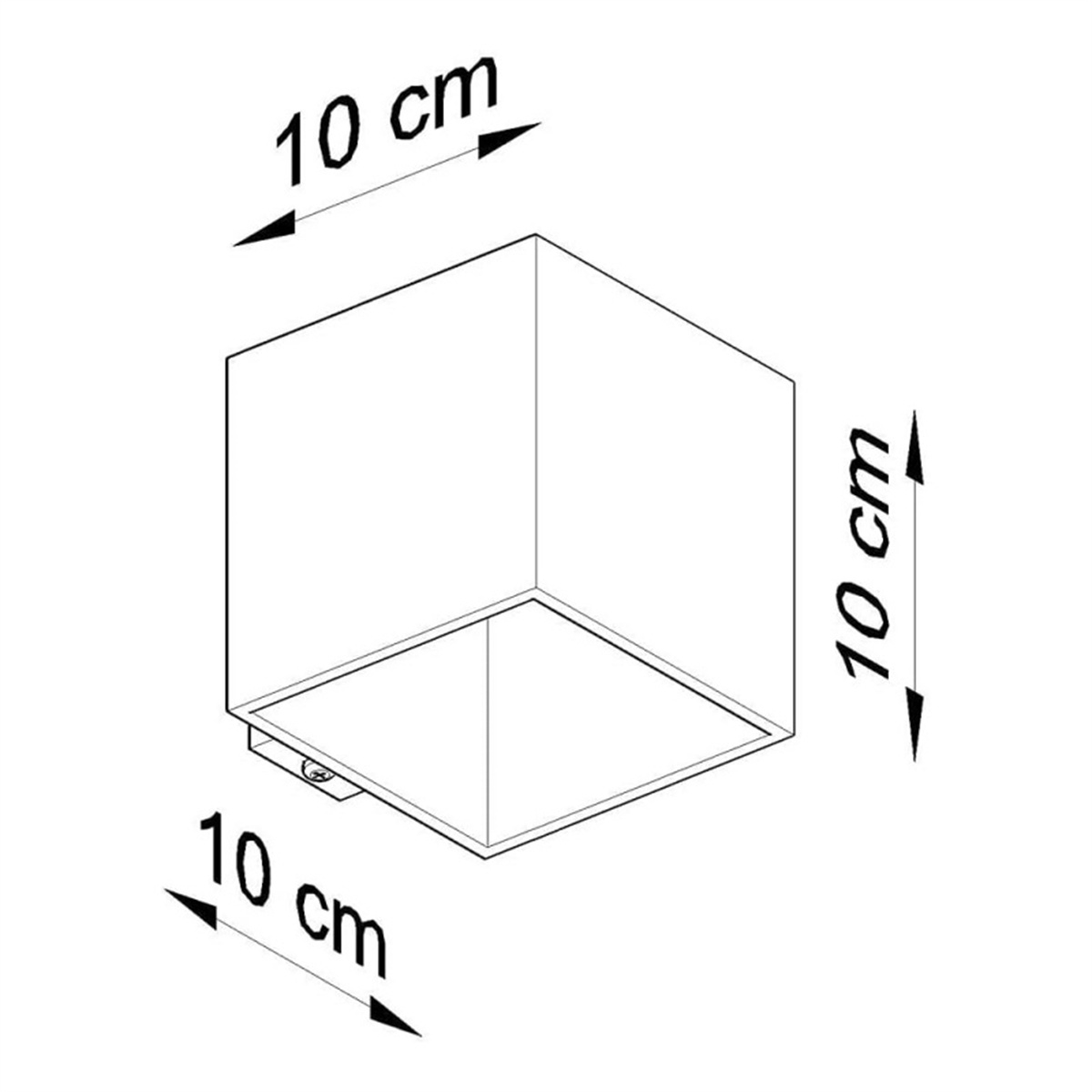 Eine quadratische, weiße Leuchte, deren Abmessungen mit 10 cm auf jeder Seite gekennzeichnet sind.