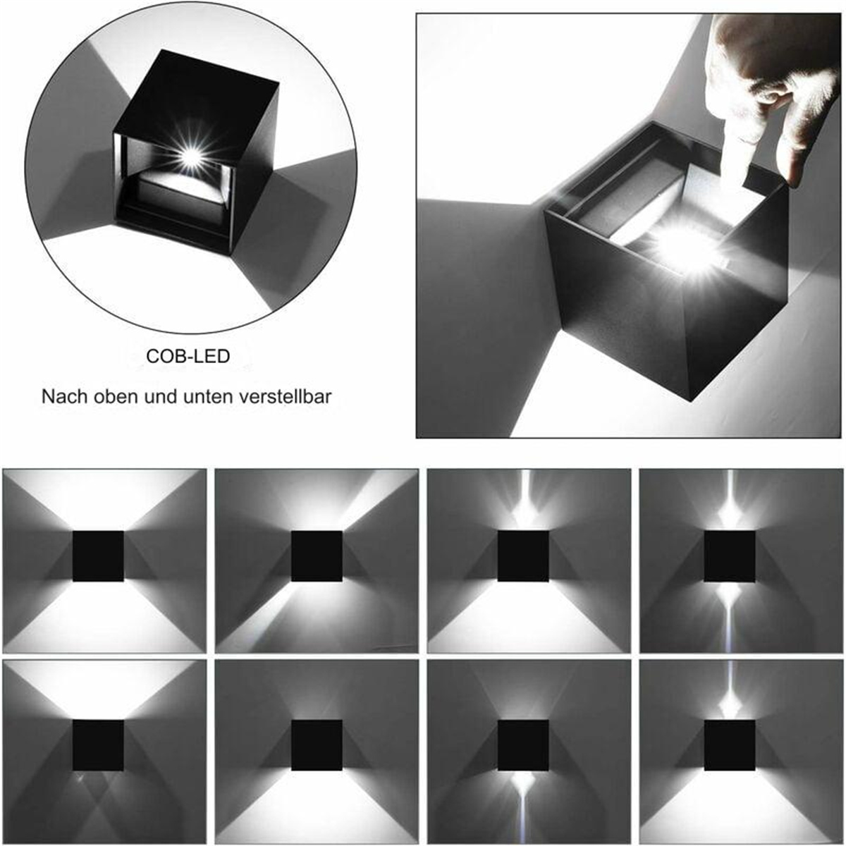 Mehrere Ansichten von schwarzen quadratischen LED-Leuchten, die die Lichtausgabe und -einstellungen hervorheben.