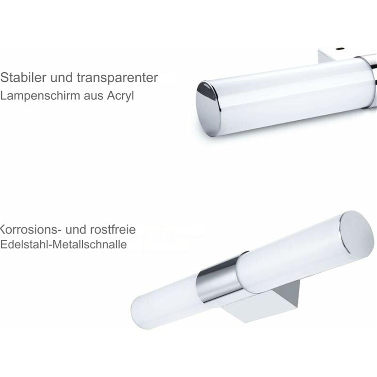 Zwei Nahaufnahmen von silbernen und weißen Lampen. Text auf Deutsch beschreibt die Lampenmaterialien.