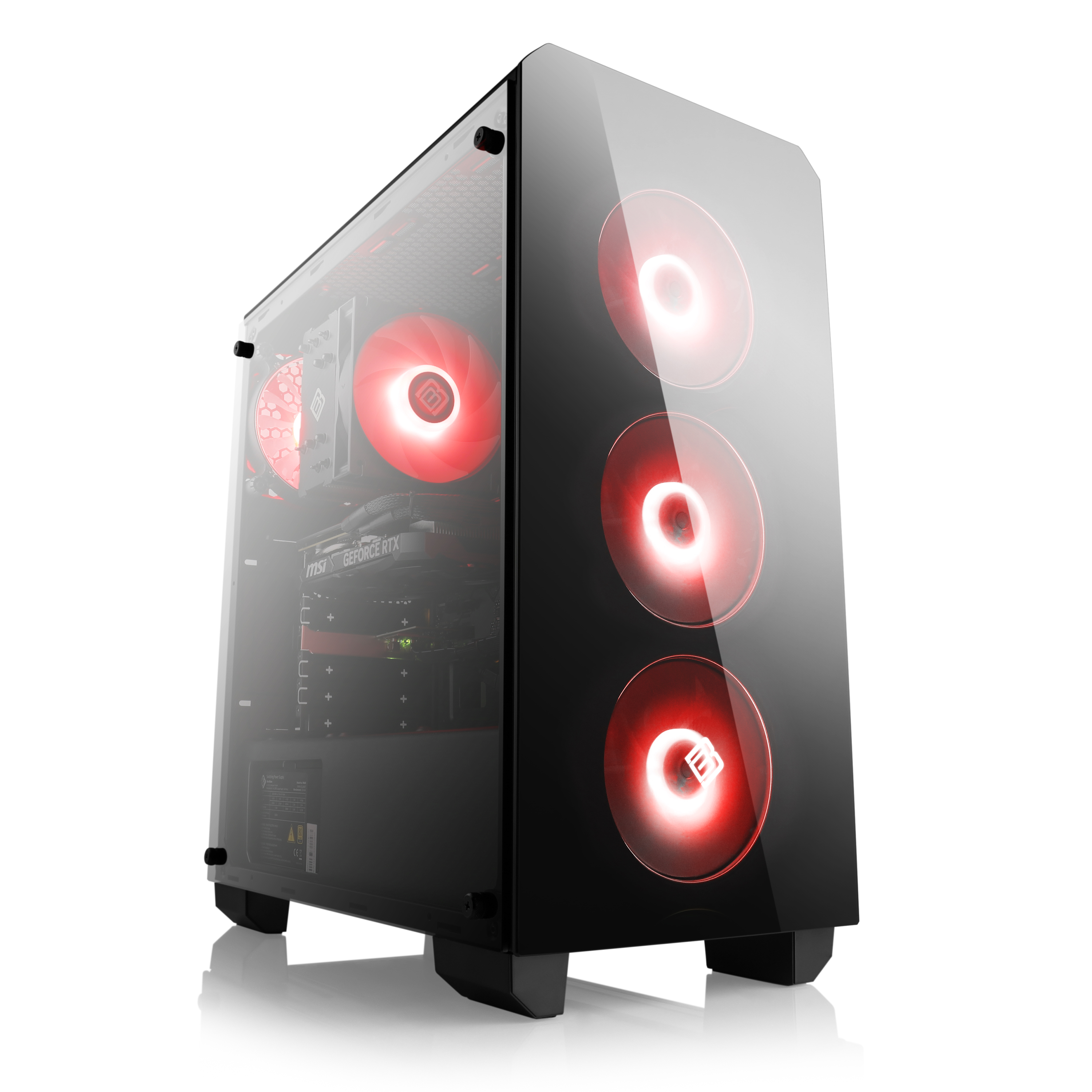 Schwarzes Computergehäuse mit Glasfront. Rote Lichter beleuchten Lüfter und Komponenten.